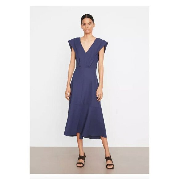 Vince V Neck Tie Back Flutter Sleeve Midi Dress Twilight Blue Womens Size XL - Picture 1 of 12